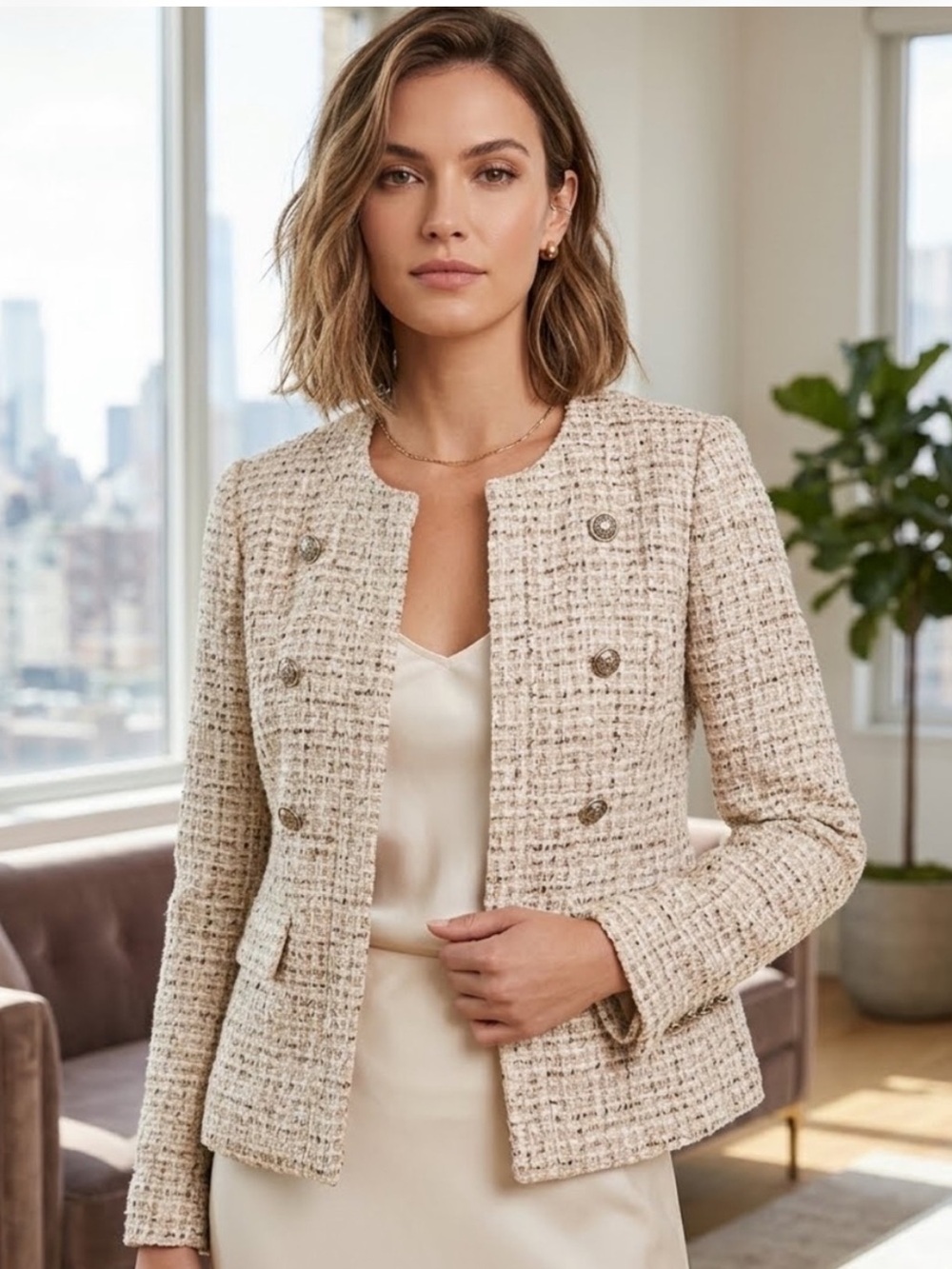 NWT Elie Tahari Cream and Pink Tweed Double-Breasted Blazer